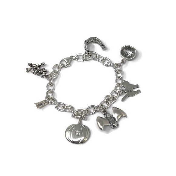 🎃VTG🎃Halloween Sterling Charm Bracelet: Jack O Lantern/Cat/Vampire Fang Charms - Picture 2 of 8